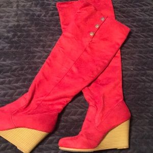 Red HOT over the knee wedge boots!